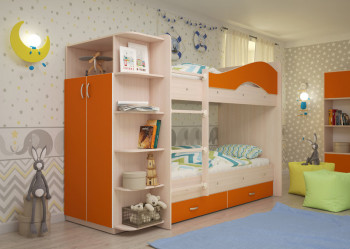 Кровать Мая двухъярусная с ящиками и шкафом Млечный дуб/Оранжевый в Яровом - yarovoe.mebel54.com | фото