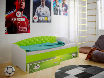 Кровать Софа-8 с мягкой спинкой фотопечать Футбол (900х1900) Белый/Лайм в Яровом - yarovoe.mebel54.com | фото